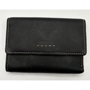 Fossil Genuine Leather Flap Clutch Wallet Black Boho